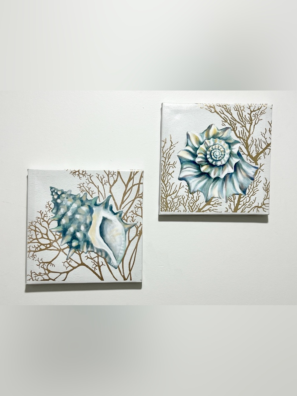 2 Coastal Seashell Canvas Wall Art Set - Blue and Gold
